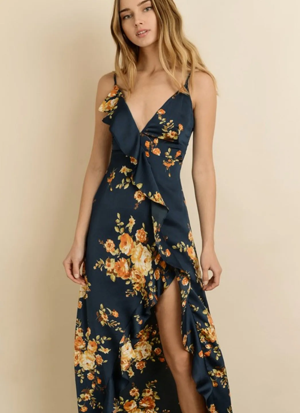 Floral Asymmetrical Ruffle Maxi Dress