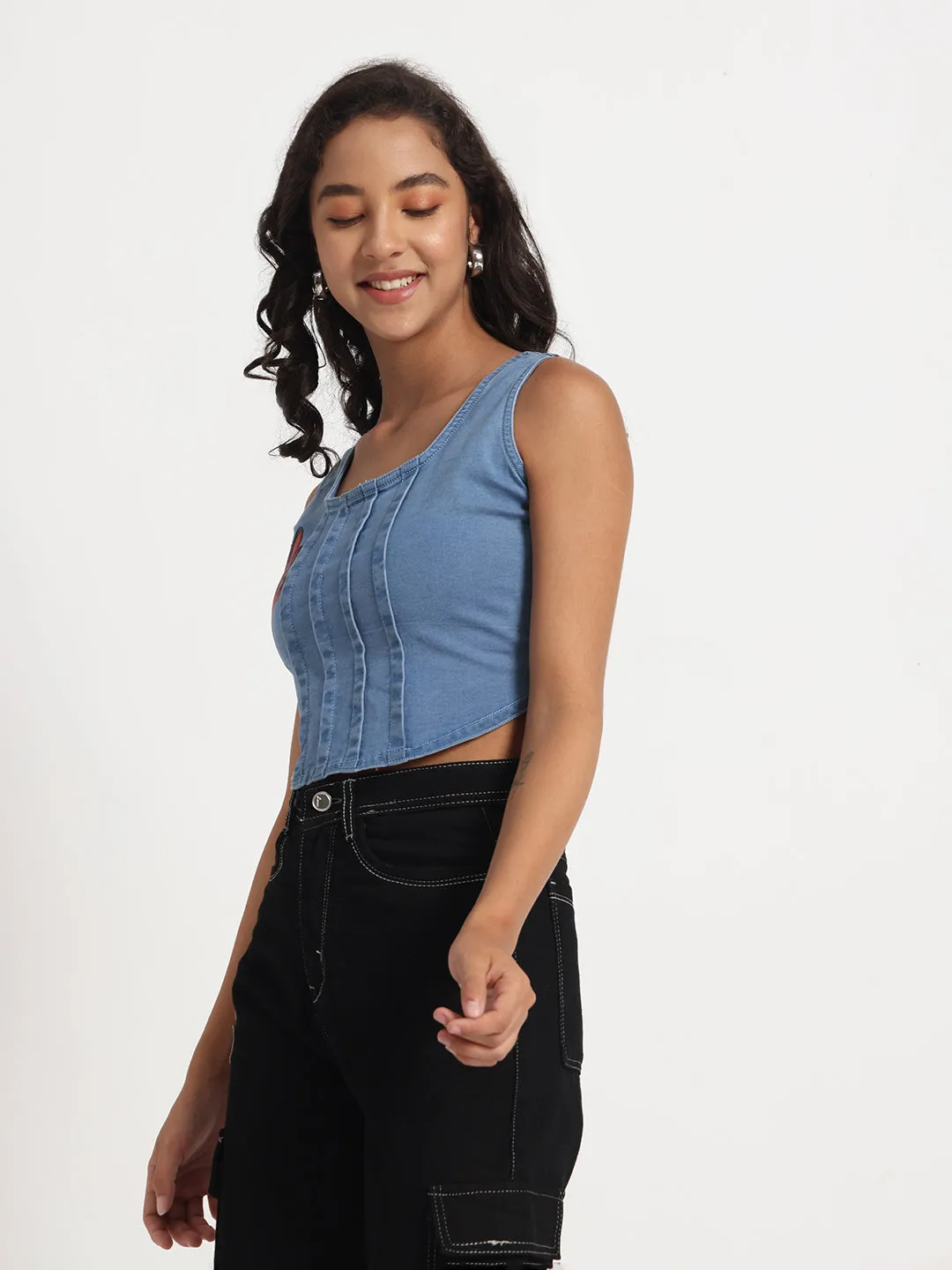 Floral Charm Denim Crop Top