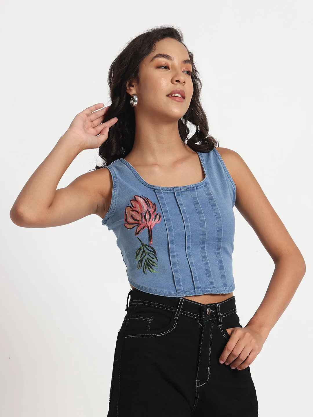 Floral Charm Denim Crop Top