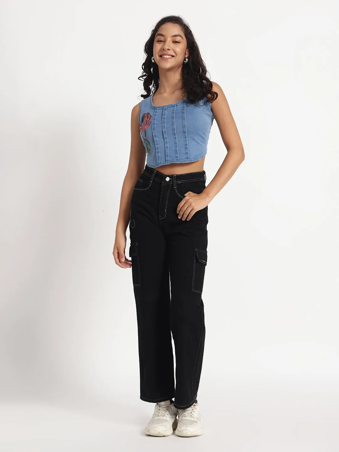 Floral Charm Denim Crop Top