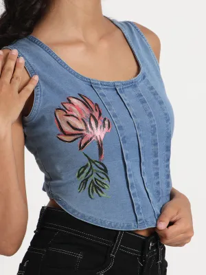 Floral Charm Denim Crop Top