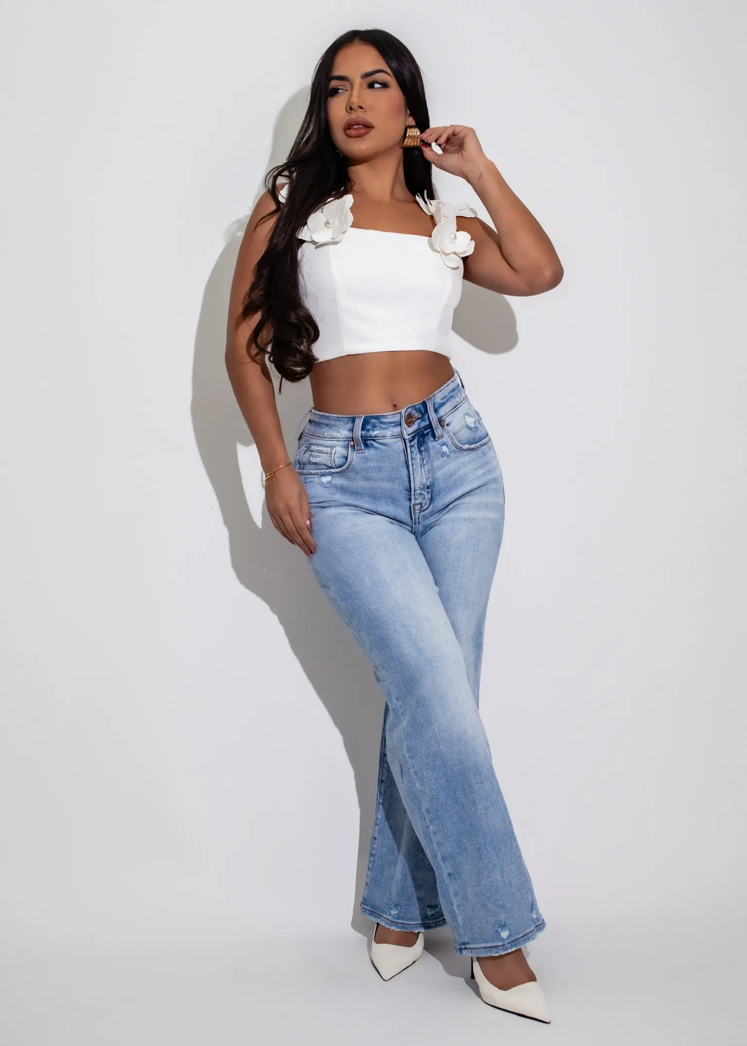 Floral Luxe Pearls Crop Top White