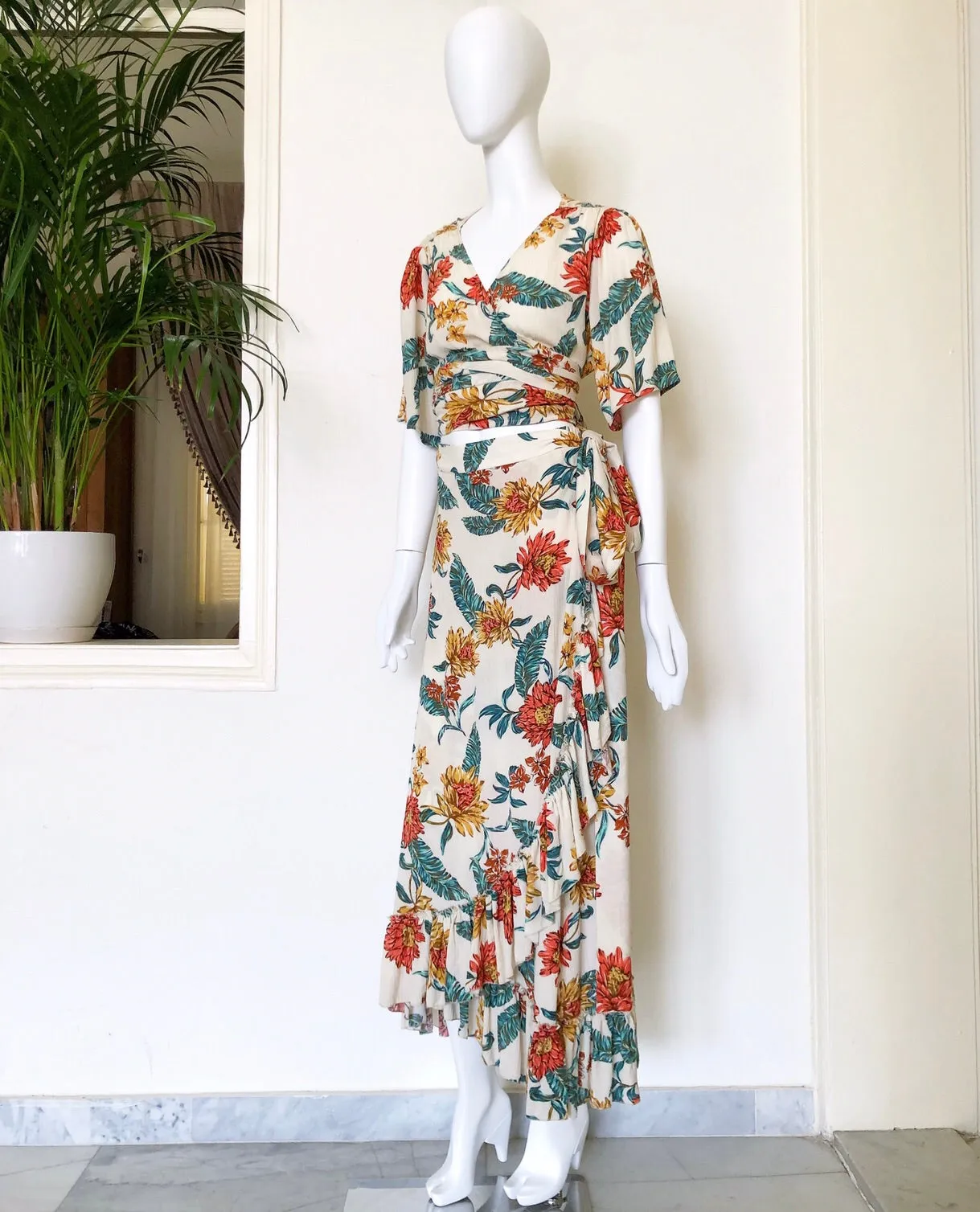 Floral print cotton cheesecloth wrap skirt