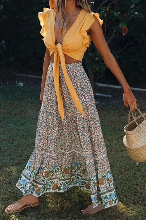 Floral Print Drawstring Waist Maxi Skirts