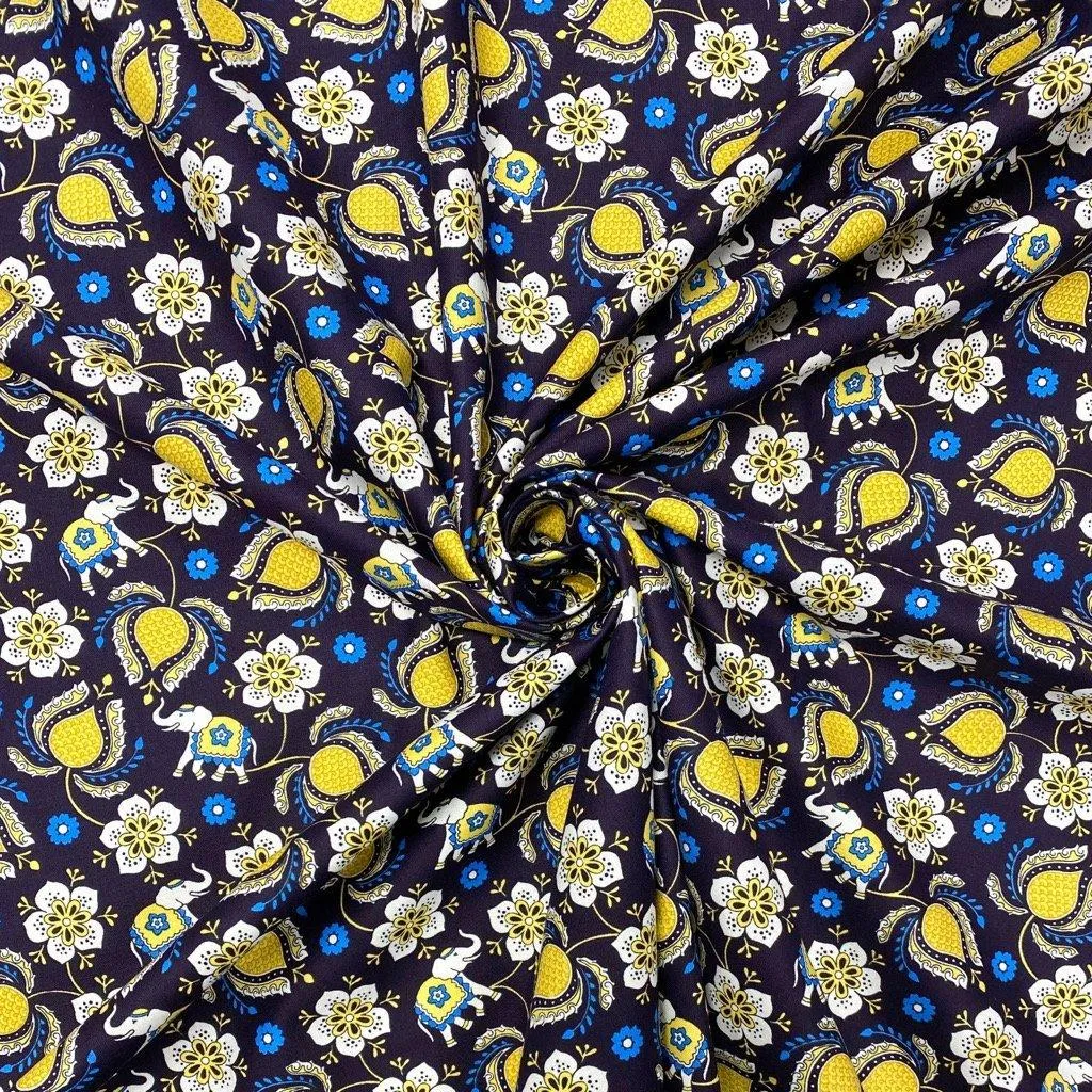 Flowers & Elephants Cotton Poplin Fabric - 58" wide
