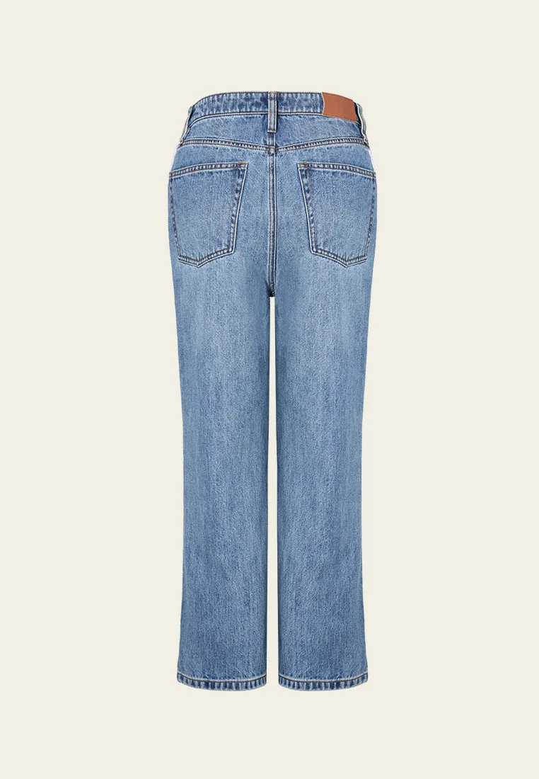 Frayed Side Seam Straight-leg Washed Jeans