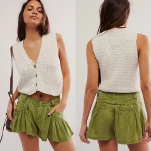 FREE PEOPLE Big Time Trouser Short NEW Green Linen Shorts