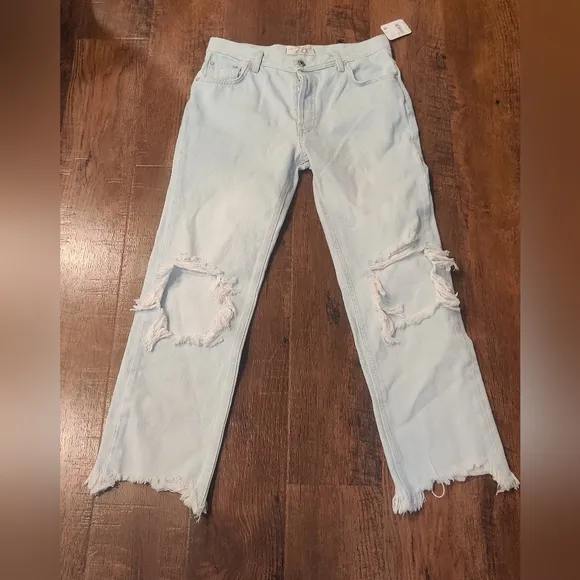 Free People Maggie Straight Leg Mid Rise Distressed Denim Jeans