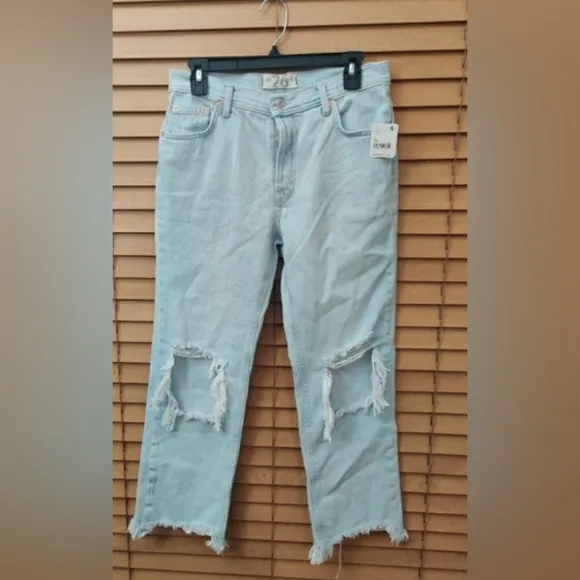 Free People Maggie Straight Leg Mid Rise Distressed Denim Jeans