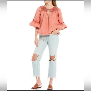 Free People Maggie Straight Leg Mid Rise Distressed Denim Jeans