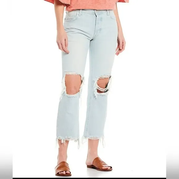Free People Maggie Straight Leg Mid Rise Distressed Denim Jeans
