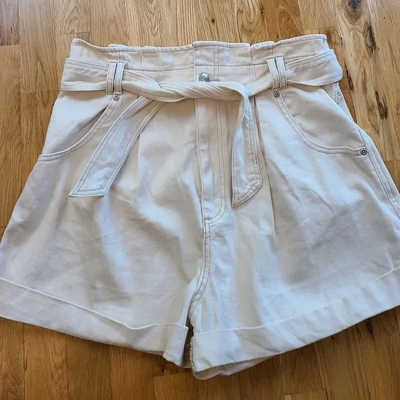 Free People We The Free Nova Denim Paperbag Shorts Plume Beige Cream Size Large