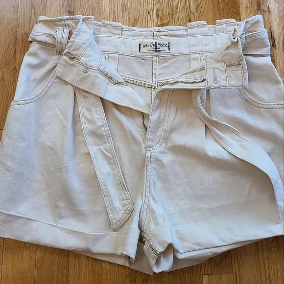Free People We The Free Nova Denim Paperbag Shorts Plume Beige Cream Size Large
