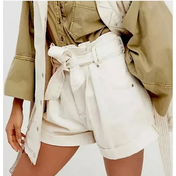 Free People We The Free Nova Denim Paperbag Shorts Plume Beige Cream Size Large