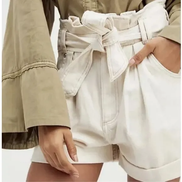 Free People We The Free Nova Denim Paperbag Shorts Plume Beige Cream Size Large