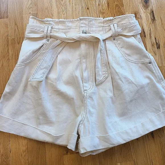 Free People We The Free Nova Denim Paperbag Shorts Plume Beige Cream Size Large