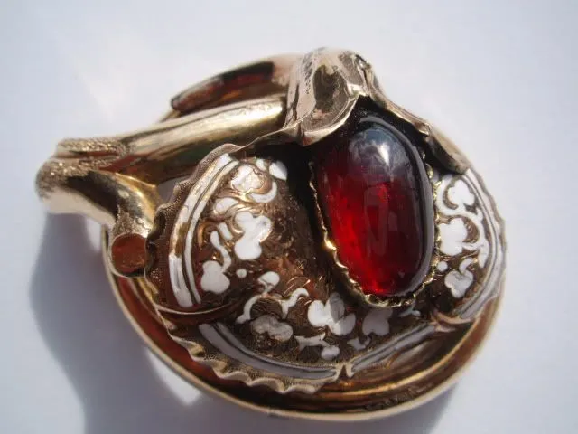 French Cabochon Garnet Enamel Brooch