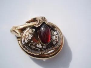French Cabochon Garnet Enamel Brooch