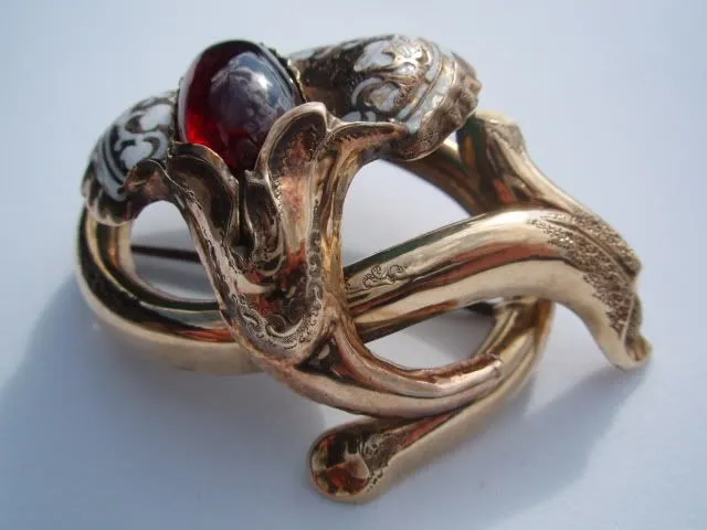 French Cabochon Garnet Enamel Brooch