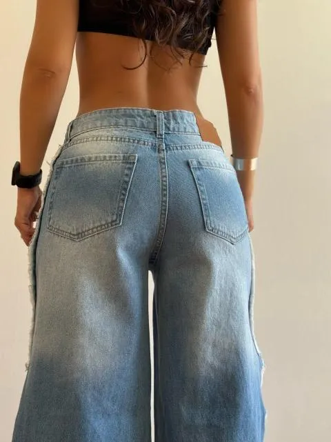 Fringed slit wide-leg jeans