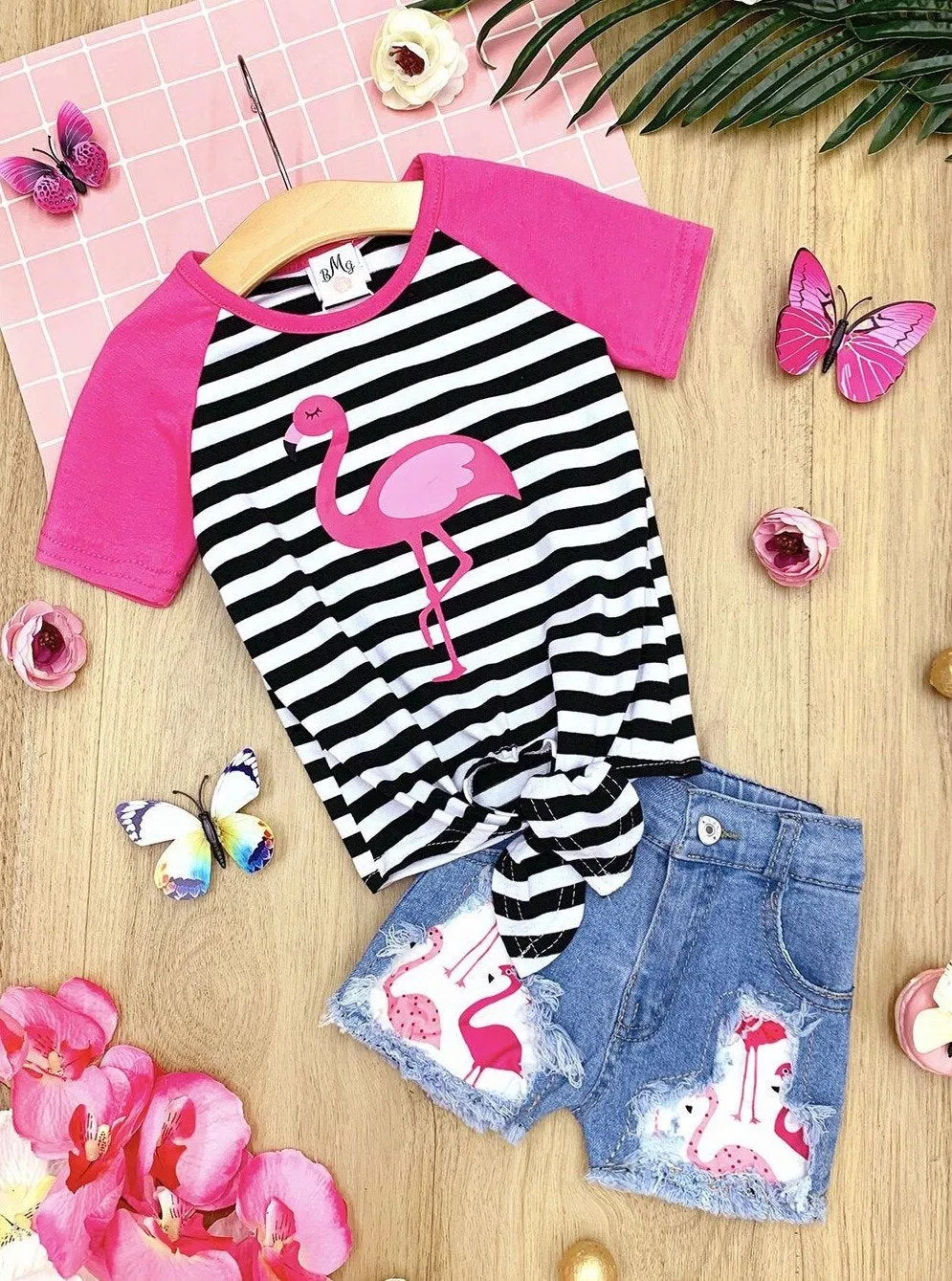Girls Fancy Flamingo Striped Top and Patched Denim Shorts Set