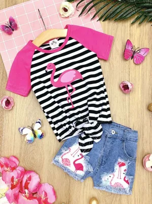Girls Fancy Flamingo Striped Top and Patched Denim Shorts Set