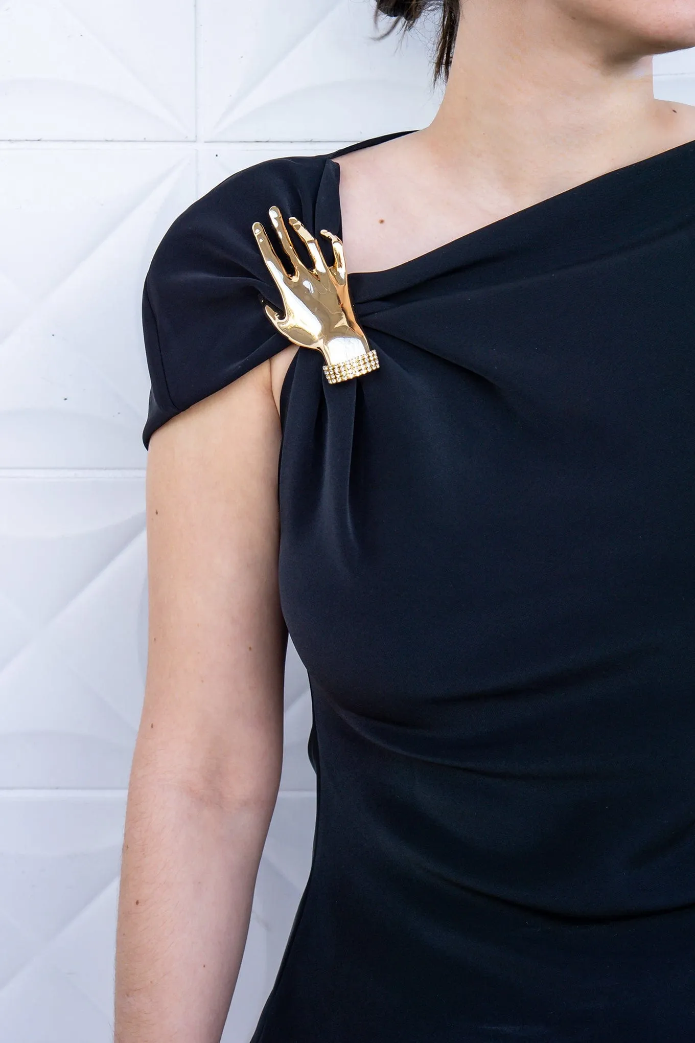 Gold Three Dimensional Palm Brooch with Stones