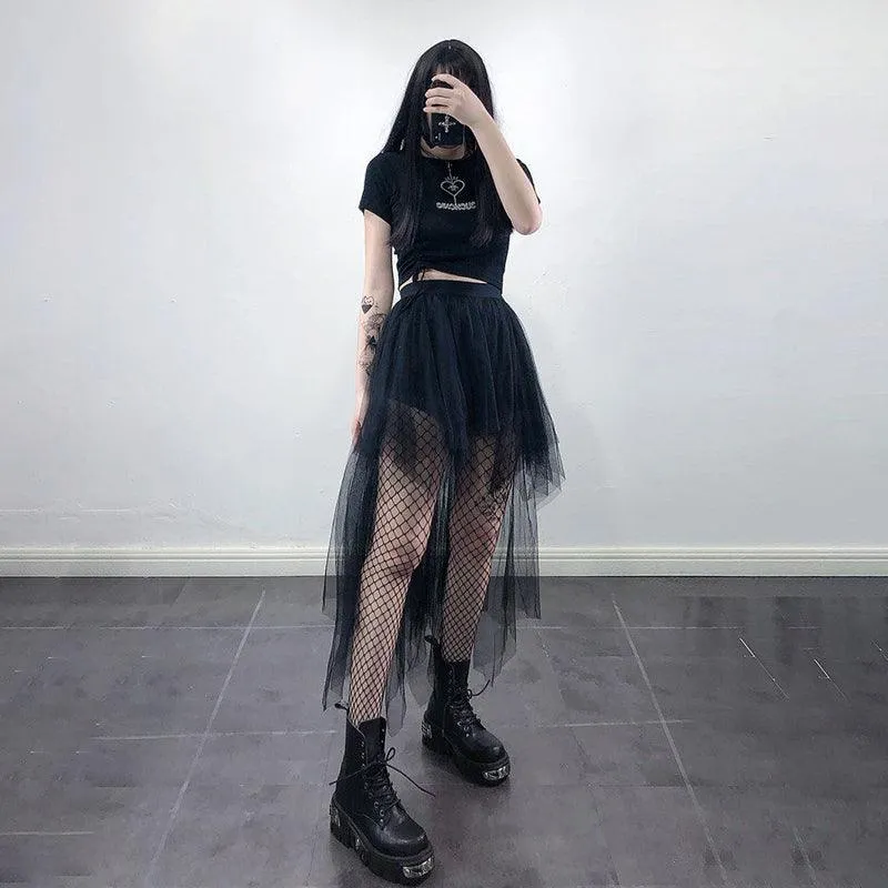 Gothic Black Mesh Long Skirt Dark Aesthetic