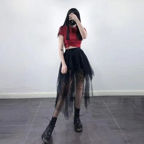 Gothic Black Mesh Long Skirt Dark Aesthetic