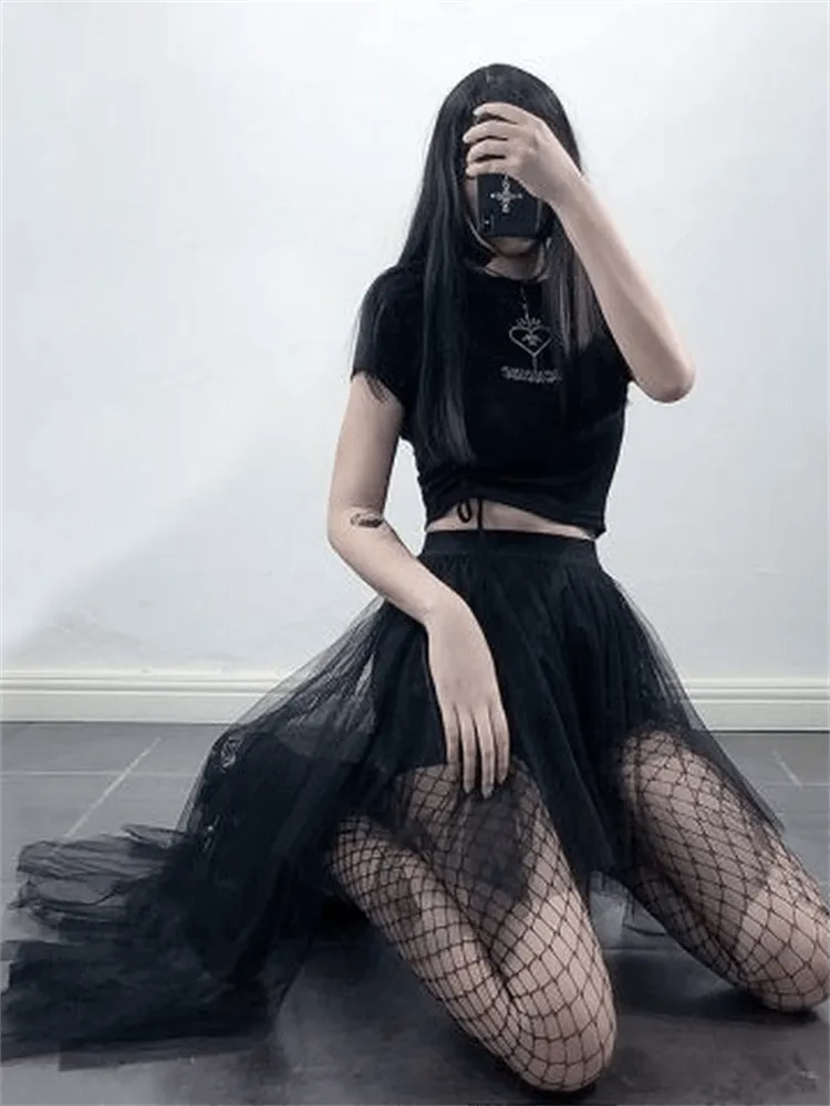 Gothic Black Mesh Long Skirt Dark Aesthetic
