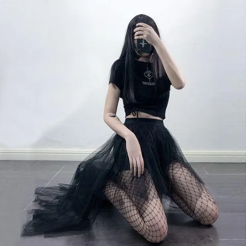 Gothic Black Mesh Long Skirt Dark Aesthetic