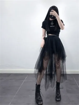 Gothic Black Mesh Long Skirt Dark Aesthetic
