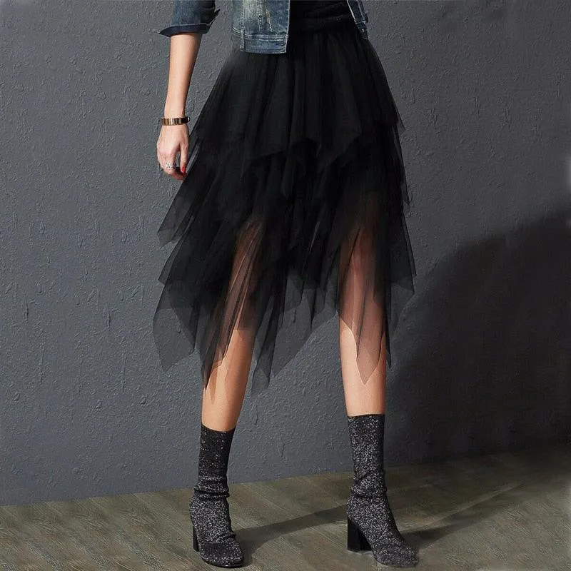 Gothic Black Mesh Long Skirt Dark Aesthetic