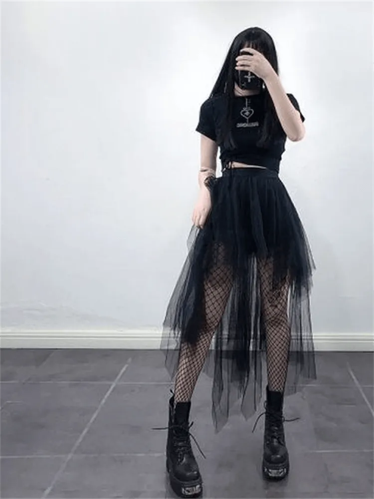 Gothic Black Mesh Long Skirt Dark Aesthetic