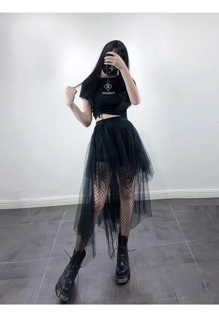 Gothic Black Mesh Long Skirt Dark Aesthetic