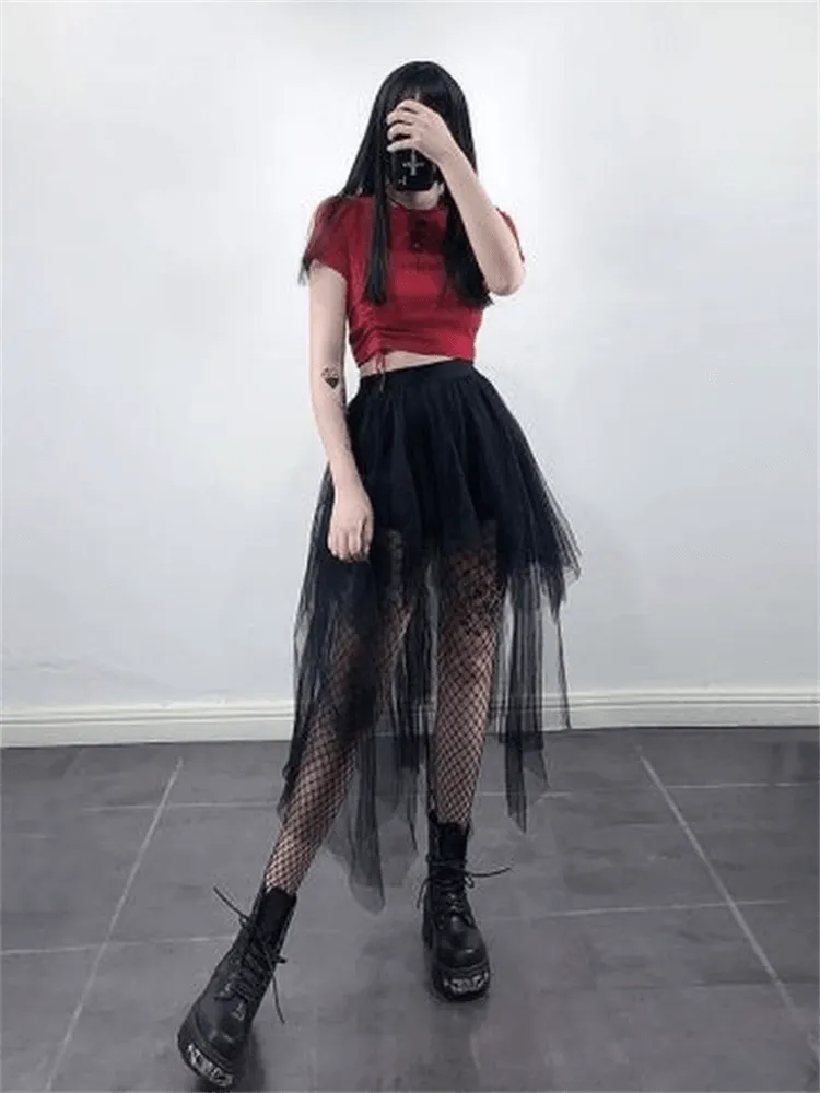 Gothic Black Mesh Long Skirt Dark Aesthetic