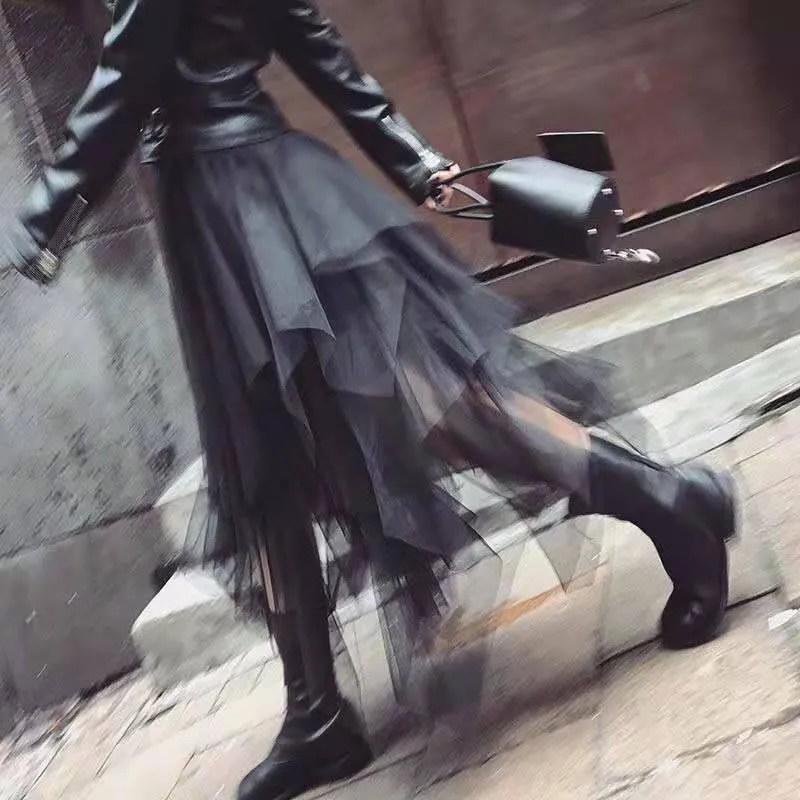 Gothic Black Mesh Long Skirt Dark Aesthetic