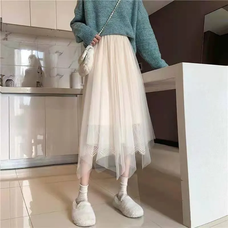 Gothic Black Mesh Long Skirt Dark Aesthetic