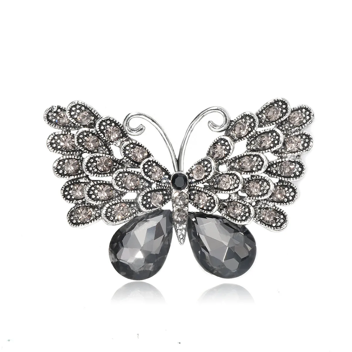 Gray Crystal & Cubic Zirconia Silver-Plated Butterfly Brooch