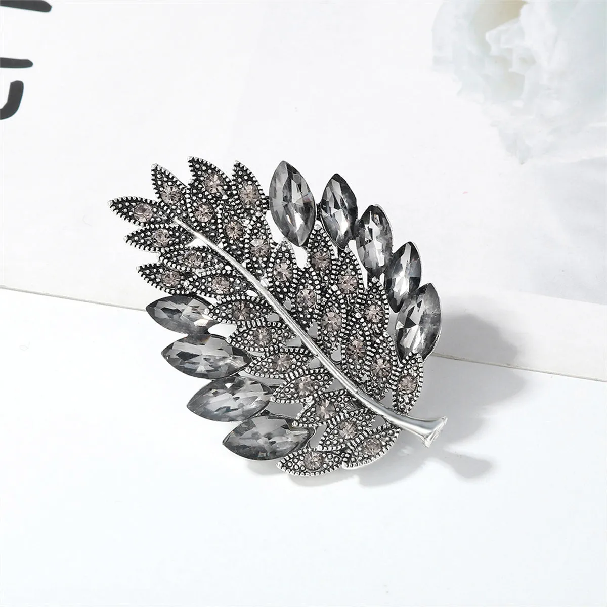 Gray Crystal & Cubic Zirconia Silver-Plated Leaf Brooch