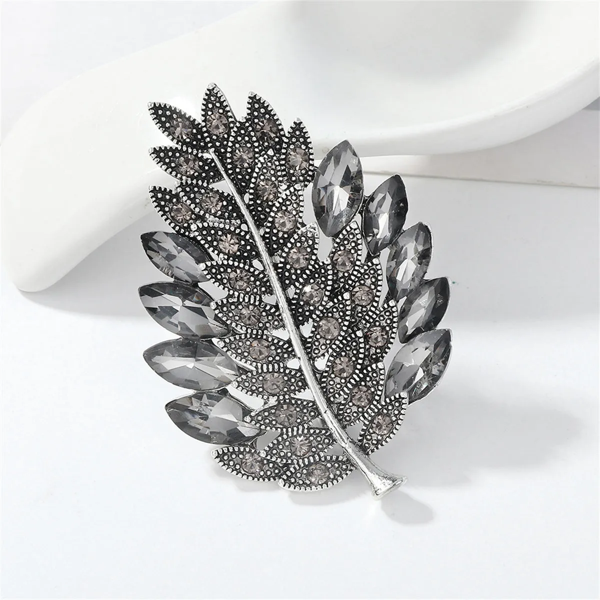 Gray Crystal & Cubic Zirconia Silver-Plated Leaf Brooch