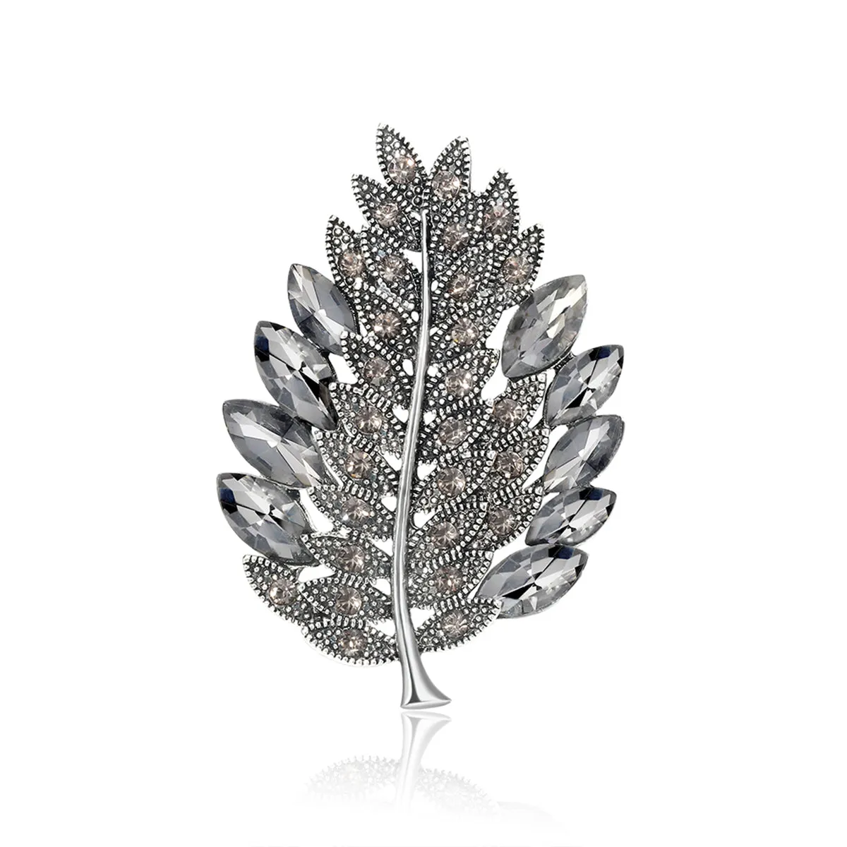 Gray Crystal & Cubic Zirconia Silver-Plated Leaf Brooch