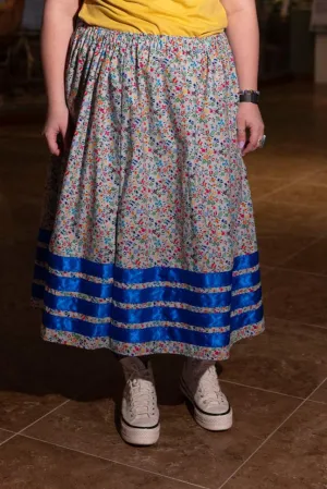 Gray Floral Ribbon Skirt with Blue Ribbon