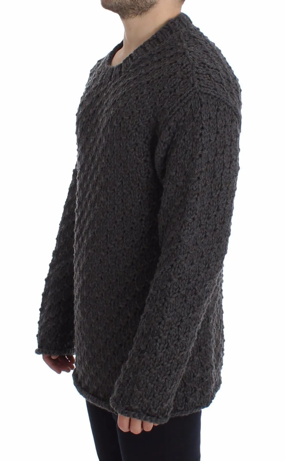Gray Wool Knitted Crewneck Sweater Top