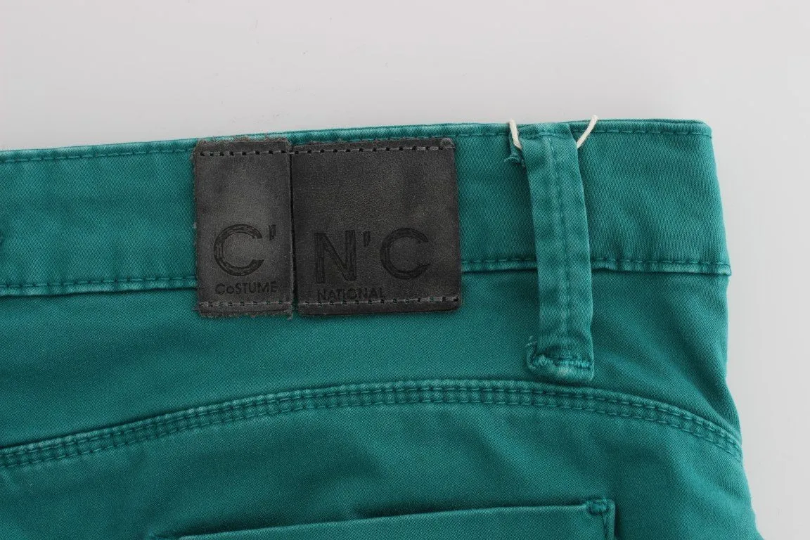 Green Cotton Blend Slim Fit Jeans