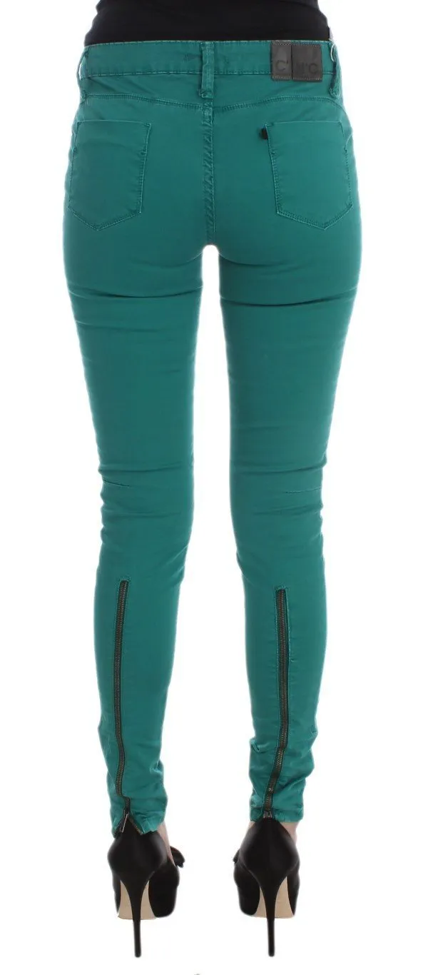 Green Cotton Blend Slim Fit Jeans