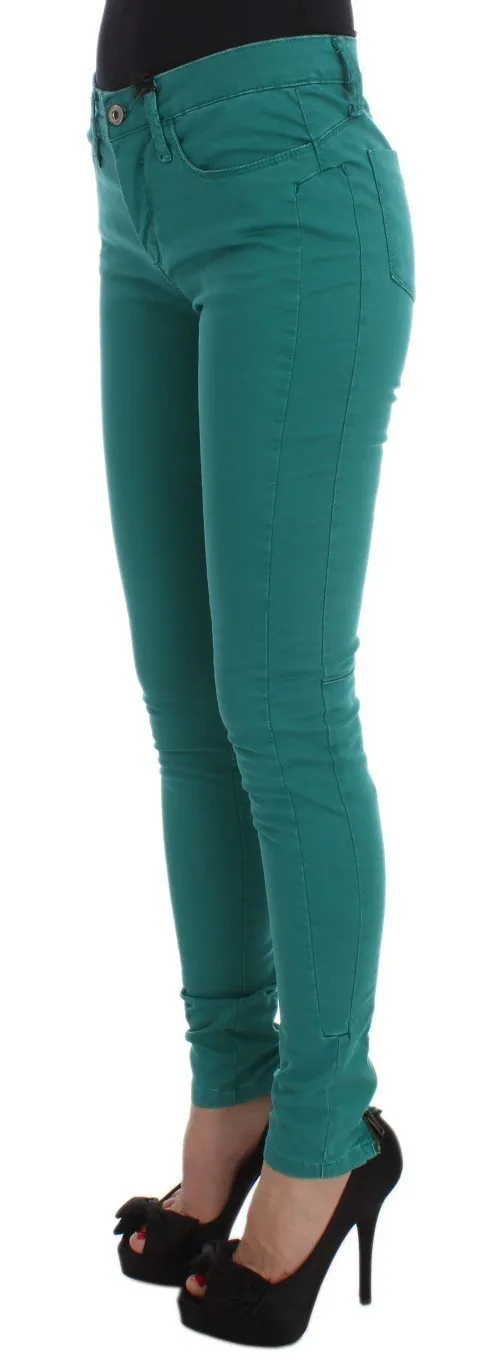Green Cotton Blend Slim Fit Jeans