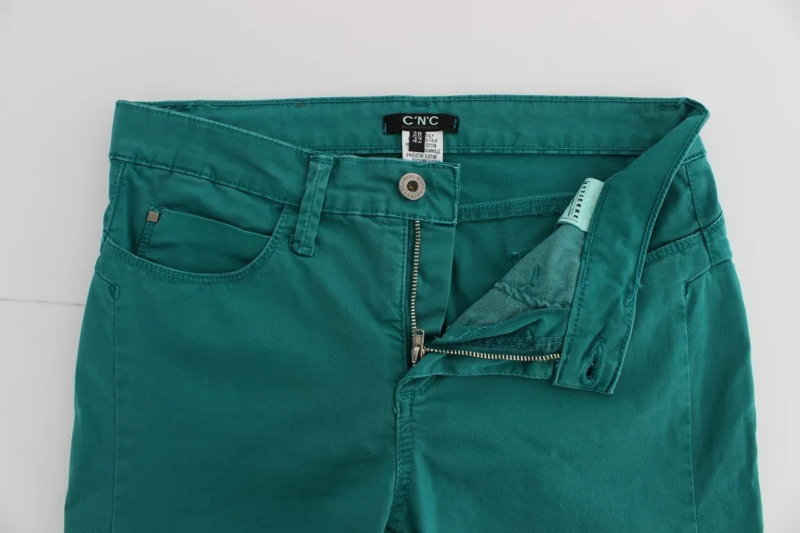 Green Cotton Blend Slim Fit Jeans