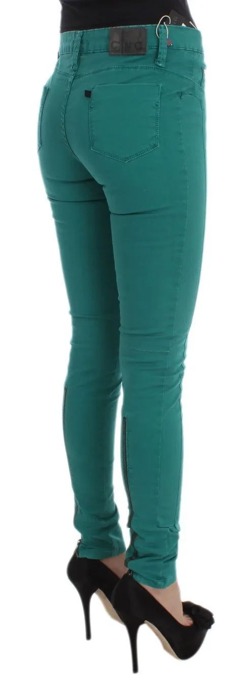 Green Cotton Blend Slim Fit Jeans