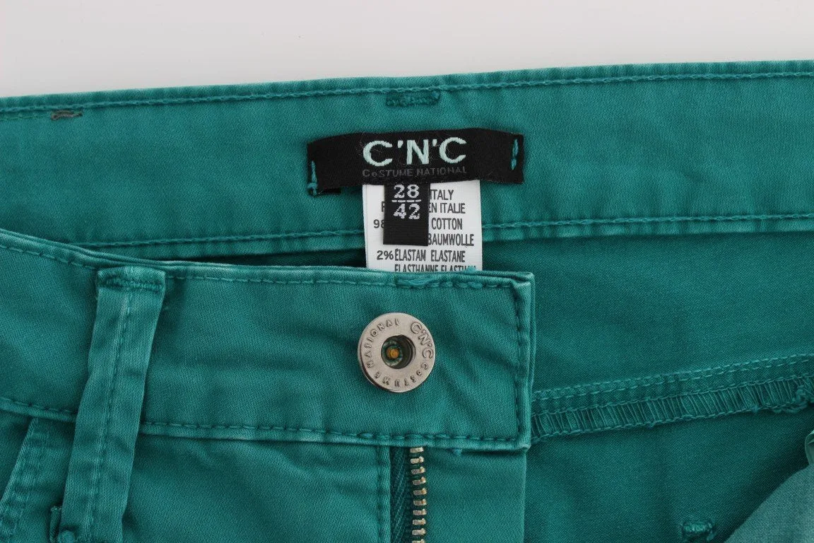 Green Cotton Blend Slim Fit Jeans